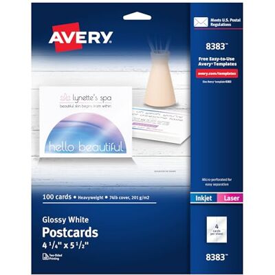 Avery Lot de 100 cartes postales vierges imprimables 10,8 x 14 cm Blanc brillant Pour imprimantes à jet d'encre et laser (8383) - Publicité Avery Lot de 100 cartes postales vierges imprimables 10,8 x 14 cm Blanc brillant Pour imprimantes à jet d'encre et laser (8383) - Publicité