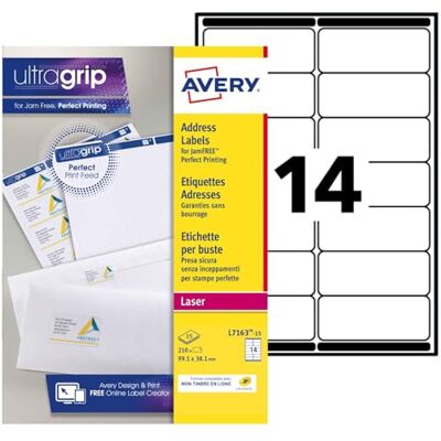 Avery 210 Étiquettes Adresse Autocollantes Blanches Personnalisables Sans Bourrage Format 99,1 x 38,1 mm Impression Laser - Publicité Avery 210 Étiquettes Adresse Autocollantes Blanches Personnalisables Sans Bourrage Format 99,1 x 38,1 mm Impression Laser - Publicité