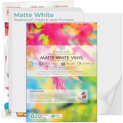EVG Evergreen Goods 100 feuilles de papier autocollant vinyle A4 blanc mat imperméable, papier d'impression pour imprimantes à jet d'encre et laser, étiquettes et feuilles d'impression d'autocollants - Publicité EVG Evergreen Goods 100 feuilles de papier autocollant vinyle A4 blanc mat imperméable, papier d'impression pour imprimantes à jet d'encre et laser, étiquettes et feuilles d'impression d'autocollants - Publicité
