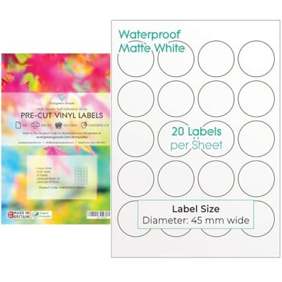 EVG Evergreen Goods étiquettes rondes circulaire prédécoupées Blanc mat imperméable 45mm 20 étiquettes/feuille, 200 au total (10 A4 Feuilles) Impression jet d'encre/laser - Publicité EVG Evergreen Goods étiquettes rondes circulaire prédécoupées Blanc mat imperméable 45mm 20 étiquettes/feuille, 200 au total (10 A4 Feuilles) Impression jet d'encre/laser - Publicité