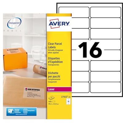 Avery Pochette de 400 étiquettes transparentes autocollantes. Personnalisables et imprimables. Format 99,1 x 33,9 mm. Impression laser. (L7562-25) - Publicité Avery Pochette de 400 étiquettes transparentes autocollantes. Personnalisables et imprimables. Format 99,1 x 33,9 mm. Impression laser. (L7562-25) - Publicité