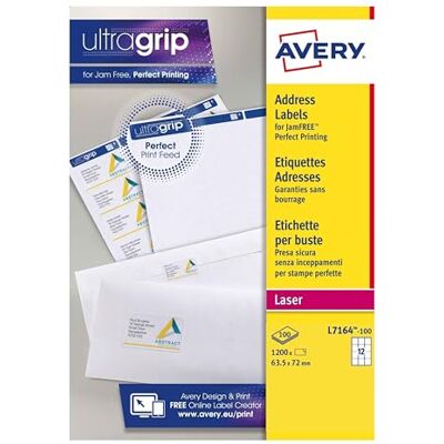 Avery Étiquettes Autocollantes Blanches, 1200 Pièces, L7164-100, 63,5 x 72 mm, Papier A4, Feuille A4, Pour Imprimantes Laser, Anti-Bourrage, FSC Certifiées, Pour adressage et expédition - Publicité Avery Étiquettes Autocollantes Blanches, 1200 Pièces, L7164-100, 63,5 x 72 mm, Papier A4, Feuille A4, Pour Imprimantes Laser, Anti-Bourrage, FSC Certifiées, Pour adressage et expédition - Publicité