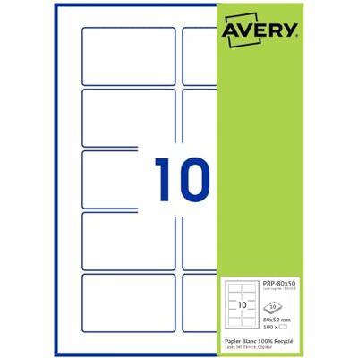 Avery 100 étiquettes recyclées blanches 80x50 Rectangulaires - Publicité Avery 100 étiquettes recyclées blanches 80x50 Rectangulaires - Publicité