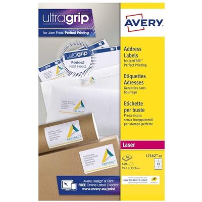 Avery Étiquettes Autocollantes Blanches, 640 Pièces,L7162-40, 99,1 x 33,9 mm, Papier A4, Feuille A4, Pour Imprimantes Laser, Anti-Bourrage, FSC Certifiées, Pour adressage et expédition - Publicité Avery Étiquettes Autocollantes Blanches, 640 Pièces,L7162-40, 99,1 x 33,9 mm, Papier A4, Feuille A4, Pour Imprimantes Laser, Anti-Bourrage, FSC Certifiées, Pour adressage et expédition - Publicité