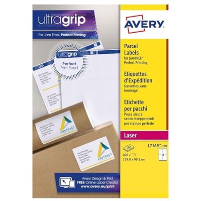 Avery Étiquettes Autocollantes Blanches, 400 Pièces, L7169-100, 99,1 x 139 mm, Papier A4, Feuille A4, Pour Imprimantes Laser, Anti-Bourrage, FSC Certifiées, Pour adressage et expédition - Publicité Avery Étiquettes Autocollantes Blanches, 400 Pièces, L7169-100, 99,1 x 139 mm, Papier A4, Feuille A4, Pour Imprimantes Laser, Anti-Bourrage, FSC Certifiées, Pour adressage et expédition - Publicité