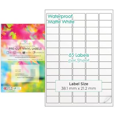 EVG Evergreen Goods A4 5x13 Blanc Imperméable Vinyle Étiquettes 10 Feuilles Mat, Autocollant, Prédécoupé Compatible Impression Jet d'Encre/Laser 65 Étiquettes par Feuille, 650 au Total - Publicité EVG Evergreen Goods A4 5x13 Blanc Imperméable Vinyle Étiquettes 10 Feuilles Mat, Autocollant, Prédécoupé Compatible Impression Jet d'Encre/Laser 65 Étiquettes par Feuille, 650 au Total - Publicité
