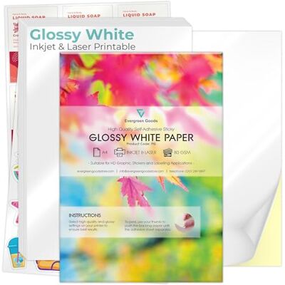 EVG Evergreen Goods Lot de 30 feuilles de papier adhésif brillant A4 Feuilles Durables Pour Imprimantes à Jet d'Encre et Laser Papier à Dos Adhésif Papier Photo Brillant Format A4 - Publicité EVG Evergreen Goods Lot de 30 feuilles de papier adhésif brillant A4 Feuilles Durables Pour Imprimantes à Jet d'Encre et Laser Papier à Dos Adhésif Papier Photo Brillant Format A4 - Publicité