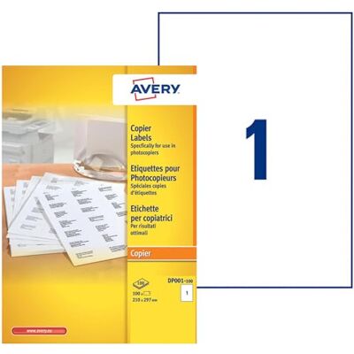 Avery Boite de 100 Étiquettes Autocollantes multi-usages, Format 210 x 297 mm, Impression copieur, (DP001-100) - Publicité Avery Boite de 100 Étiquettes Autocollantes multi-usages, Format 210 x 297 mm, Impression copieur, (DP001-100) - Publicité