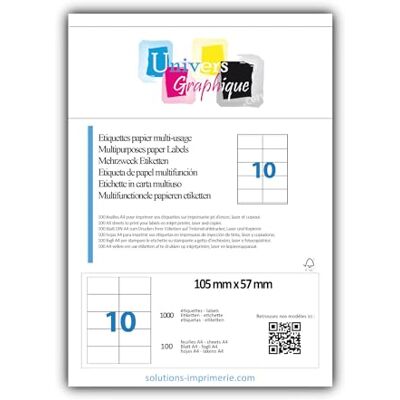 UNIVERS GRAPHIQUE 1000 Étiquettes 105 x 57 mm = 100 feuilles de 10 Étiquette blanche adhésive personnalisables 10.5 x 5.7 cm autocollante pour imprimante encre et laser code logiciel Herma 4425 AVERY Zweckform 3425 - Publicité UNIVERS GRAPHIQUE 1000 Étiquettes 105 x 57 mm = 100 feuilles de 10 Étiquette blanche adhésive personnalisables 10.5 x 5.7 cm autocollante pour imprimante encre et laser code logiciel Herma 4425 AVERY Zweckform 3425 - Publicité
