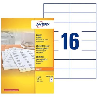 Avery Boite de 1600 étiquettes autocollantes multi-usages, Format 105 x 37 mm, Impression copieur, (DP167-100) - Publicité Avery Boite de 1600 étiquettes autocollantes multi-usages, Format 105 x 37 mm, Impression copieur, (DP167-100) - Publicité