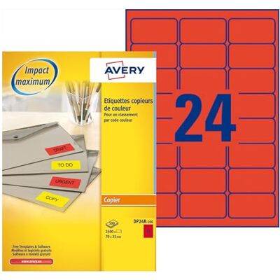 Avery Boite de 2400 étiquettes autocollantes rouges fluo multi-usages, Format 70 x 35 mm, Impression copieur, (DP24R-100) - Publicité Avery Boite de 2400 étiquettes autocollantes rouges fluo multi-usages, Format 70 x 35 mm, Impression copieur, (DP24R-100) - Publicité