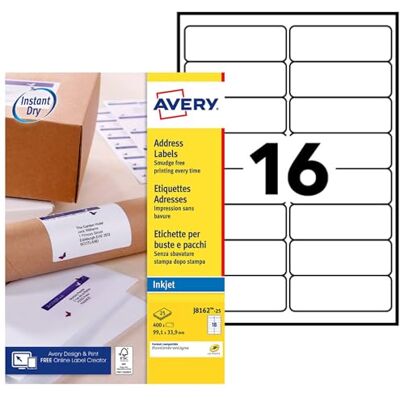 Avery Étiquettes Adresse Autocollantes Blanches 400 Pièces 99,1 x 33,9 mm Jet d'Encre - Publicité Avery Étiquettes Adresse Autocollantes Blanches 400 Pièces 99,1 x 33,9 mm Jet d'Encre - Publicité