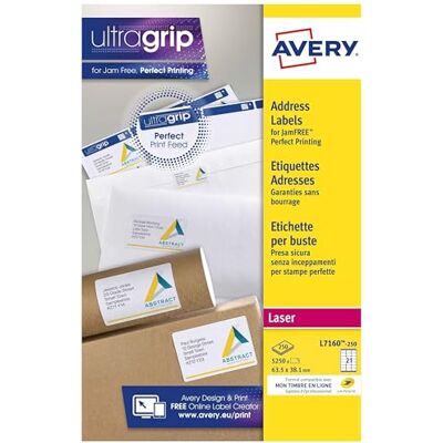 Avery Étiquettes Autocollantes Blanches, 5250 Pièces, L7160-250, 63,5 x 38,1 mm, Papier A4, Feuille A4, Pour Imprimantes Laser, Anti-Bourrage, FSC Certifiées, Pour adressage et expédition - Publicité Avery Étiquettes Autocollantes Blanches, 5250 Pièces, L7160-250, 63,5 x 38,1 mm, Papier A4, Feuille A4, Pour Imprimantes Laser, Anti-Bourrage, FSC Certifiées, Pour adressage et expédition - Publicité
