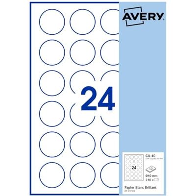 Avery 240 étiquettes Jet d'encre blanches brillant 40mm Rondes - Publicité Avery 240 étiquettes Jet d'encre blanches brillant 40mm Rondes - Publicité