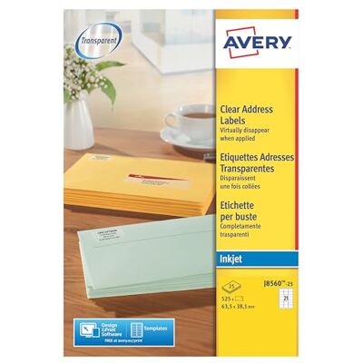 Avery 525 Etiquettes Autocollantes (21 par feuille) 99,1x67,7mm Impression Jet d'Encre Transparent J8560 - Publicité Avery 525 Etiquettes Autocollantes (21 par feuille) 99,1x67,7mm Impression Jet d'Encre Transparent J8560 - Publicité