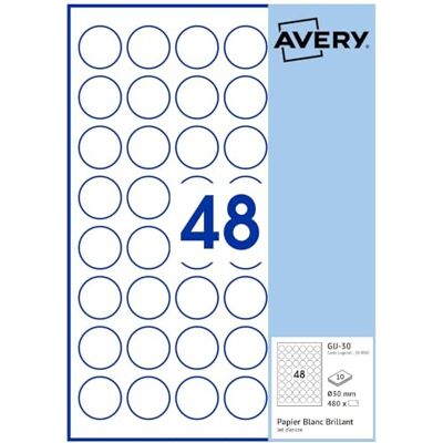 Avery 480 étiquettes Jet d'encre blanches brillant 30mm Rondes - Publicité Avery 480 étiquettes Jet d'encre blanches brillant 30mm Rondes - Publicité