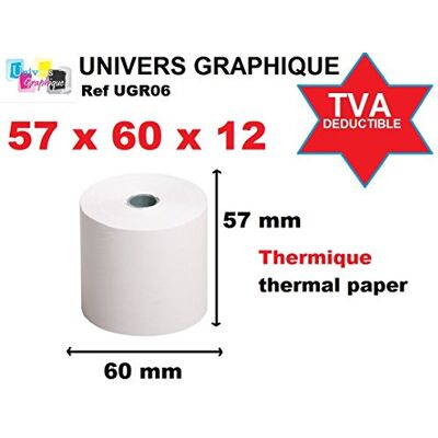 UNIVERS GRAPHIQUE Lot de 50 Bobines, rouleau papier thermique grande capacité 57 x 60 x 12 Rouleaux papier pour calculatrices imprimantes et caisses enregistreuses, et cartes bancaires 44 mètres de longueur ! - Publicité UNIVERS GRAPHIQUE Lot de 50 Bobines, rouleau papier thermique grande capacité 57 x 60 x 12 Rouleaux papier pour calculatrices imprimantes et caisses enregistreuses, et cartes bancaires 44 mètres de longueur ! - Publicité