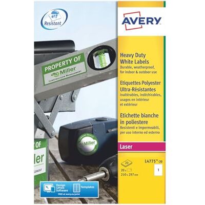 Avery L4775 Pack de 20 Etiquettes Adhésives ultra résistantes 210 x 297 mm Blanc - Publicité Avery L4775 Pack de 20 Etiquettes Adhésives ultra résistantes 210 x 297 mm Blanc - Publicité