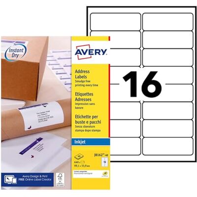 Avery Étiquettes Adresse Autocollantes Blanches 640 Pièces 99,1 x 33,9 mm Jet d'Encre J8162 - Publicité Avery Étiquettes Adresse Autocollantes Blanches 640 Pièces 99,1 x 33,9 mm Jet d'Encre J8162 - Publicité