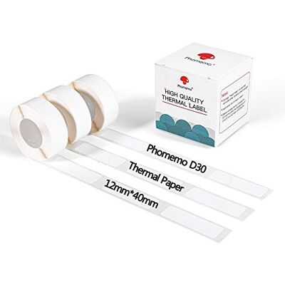 Phomemo D30 D30Pro Lot de 3 rouleaux imperméables 12 x 40 mm Papier autocollant blanc pour imprimante thermique portable - Publicité Phomemo D30 D30Pro Lot de 3 rouleaux imperméables 12 x 40 mm Papier autocollant blanc pour imprimante thermique portable - Publicité