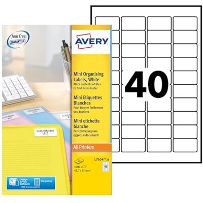 Avery Pochette de 1000 étiquettes autocollantes, Personnalisables et imprimables, Format 45,7 x 25,4 mm, Impression laser, (L7654-25) Blanc - Publicité Avery Pochette de 1000 étiquettes autocollantes, Personnalisables et imprimables, Format 45,7 x 25,4 mm, Impression laser, (L7654-25) Blanc - Publicité