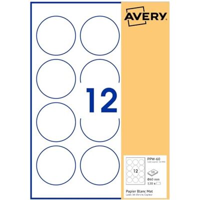 Avery 120 étiquettes blanches 60mm Rondes - Publicité Avery 120 étiquettes blanches 60mm Rondes - Publicité
