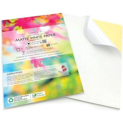 EVG Evergreen Goods Ltd Lot de 30 Feuilles de Papier Autocollant Mat A4 Blanc - Publicité EVG Evergreen Goods Ltd Lot de 30 Feuilles de Papier Autocollant Mat A4 Blanc - Publicité