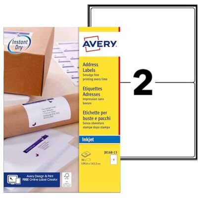 Avery Pochette de 30 étiquettes expédition blanches 199.6 x 143.5 mm Jet d'encre (J8168-15) - Publicité Avery Pochette de 30 étiquettes expédition blanches 199.6 x 143.5 mm Jet d'encre (J8168-15) - Publicité