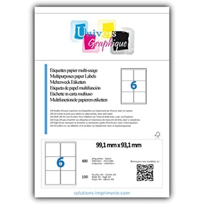 UNIVERS GRAPHIQUE 600 étiquettes 99.1 x 93.1 mm pour adresse, blanches adhésives personnalisables, soit 100 feuilles de 6 étiquettes pour imprimante jet d'encre et Impression laser, utilisable sur word ref UGE06 l7166 - Publicité UNIVERS GRAPHIQUE 600 étiquettes 99.1 x 93.1 mm pour adresse, blanches adhésives personnalisables, soit 100 feuilles de 6 étiquettes pour imprimante jet d'encre et Impression laser, utilisable sur word ref UGE06 l7166 - Publicité