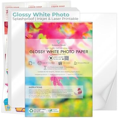 EVG Evergreen Goods Lot A4 Brillant Papier Photo Autocollant 200 Feuilles - Publicité EVG Evergreen Goods Lot A4 Brillant Papier Photo Autocollant 200 Feuilles - Publicité
