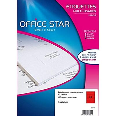 Avery OFFICE STAR Boite de 2400 étiquettes rouges autocollantes multi-usages, Personnalisables et imprimables, Format 70 x 37 mm, Impression laser / jet d'encre, (OS43474R) - Publicité Avery OFFICE STAR Boite de 2400 étiquettes rouges autocollantes multi-usages, Personnalisables et imprimables, Format 70 x 37 mm, Impression laser / jet d'encre, (OS43474R) - Publicité