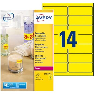 Avery Pochette de 350 étiquettes autocollantes jaunes fluo. Personnalisables et imprimables. Format 99,1 x 38,1 mm. Impression laser. (L7263Y-25) - Publicité Avery Pochette de 350 étiquettes autocollantes jaunes fluo. Personnalisables et imprimables. Format 99,1 x 38,1 mm. Impression laser. (L7263Y-25) - Publicité