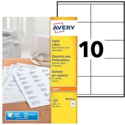 Avery Boite de 2000 étiquettes autocollantes multi-usages, Format 105 x 58 mm, Impression copieur, (DP010-200) - Publicité Avery Boite de 2000 étiquettes autocollantes multi-usages, Format 105 x 58 mm, Impression copieur, (DP010-200) - Publicité