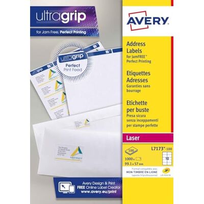 Avery Étiquettes Autocollantes Blanches, 1400 Pièces, L7173-100, 99.1 x 57 mm, Papier A4, Feuille A4, Pour Imprimantes Laser, Anti-Bourrage, FSC Certifiées, Pour adressage et expédition - Publicité Avery Étiquettes Autocollantes Blanches, 1400 Pièces, L7173-100, 99.1 x 57 mm, Papier A4, Feuille A4, Pour Imprimantes Laser, Anti-Bourrage, FSC Certifiées, Pour adressage et expédition - Publicité