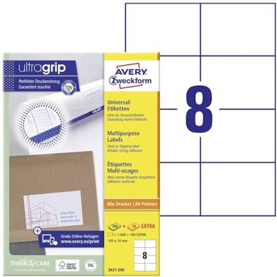 Avery 1600 Etiquettes Autocollantes Multi-usages (8 par Feuille) 105x74mm Impression Laser Jet d'Encre Blanc (3427) - Publicité Avery 1600 Etiquettes Autocollantes Multi-usages (8 par Feuille) 105x74mm Impression Laser Jet d'Encre Blanc (3427) - Publicité