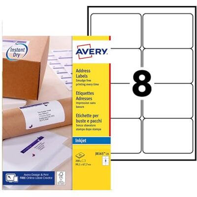 Avery Étiquettes Adressage Autocollantes Personnalisables 200 Pièces 99,1 x 67,7 mm Jet d’Encre - Publicité Avery Étiquettes Adressage Autocollantes Personnalisables 200 Pièces 99,1 x 67,7 mm Jet d’Encre - Publicité