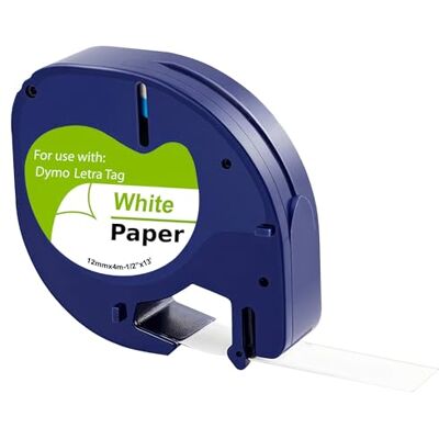 PHONILLICO Ruban Blanc pour étiqueteuse compatible Dymo LetraTag LT-100H / LT-100H Plus/LT-100T / LT-100T Plus / 2000 / XM/XR / QX50 Étiquette papier Recharge 91200 12mm x 4m Noir sur Blanc ® - Publicité PHONILLICO Ruban Blanc pour étiqueteuse compatible Dymo LetraTag LT-100H / LT-100H Plus/LT-100T / LT-100T Plus / 2000 / XM/XR / QX50 Étiquette papier Recharge 91200 12mm x 4m Noir sur Blanc ® - Publicité