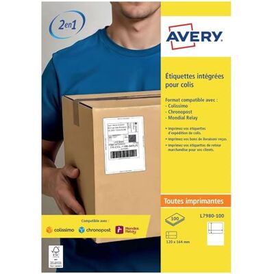 Avery Boite de 100 étiquettes intégrées autocollantes Stick'Ngo, compatibles Colissimo. Format 113 x 164mm. Impression laser, jet d'encre - Publicité Avery Boite de 100 étiquettes intégrées autocollantes Stick'Ngo, compatibles Colissimo. Format 113 x 164mm. Impression laser, jet d'encre - Publicité