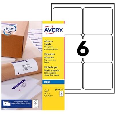 Avery 150 Étiquettes Adressage Autocollantes Personnalisables Format 99,1 x 93,1 mm Impression Jet d’Encre - Publicité Avery 150 Étiquettes Adressage Autocollantes Personnalisables Format 99,1 x 93,1 mm Impression Jet d’Encre - Publicité