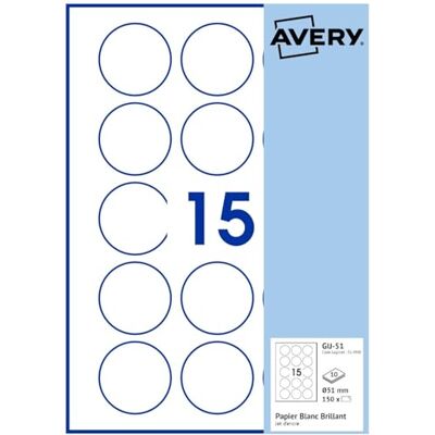 Avery 150 étiquettes Jet d'encre blanches brillant 51mm Rondes - Publicité Avery 150 étiquettes Jet d'encre blanches brillant 51mm Rondes - Publicité