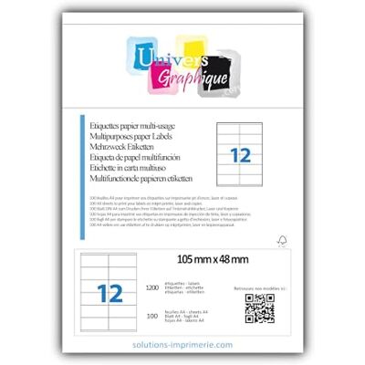 UNIVERS GRAPHIQUE 1200 Étiquettes 105 x 48 mm = 100 feuilles de 12 Étiquette blanche adhésive personnalisables étiquette autocollante 10.5 x 4.8 cm pour imprimante encre laser code logiciel Herma 4457 ou avery 3424 - Publicité UNIVERS GRAPHIQUE 1200 Étiquettes 105 x 48 mm = 100 feuilles de 12 Étiquette blanche adhésive personnalisables étiquette autocollante 10.5 x 4.8 cm pour imprimante encre laser code logiciel Herma 4457 ou avery 3424 - Publicité