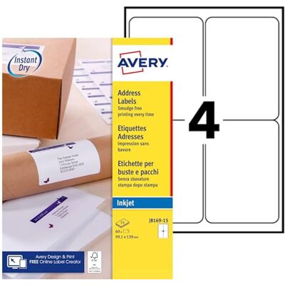 Avery Étiquettes Autocollantes Blanches 60 Pièces 99.1 x 139 mm J8169-15 Feuille A4, Imprimante Jet d'Encre, Format Compact, Papier FSC, Compatible Mon Timbre en Ligne - Publicité Avery Étiquettes Autocollantes Blanches 60 Pièces 99.1 x 139 mm J8169-15 Feuille A4, Imprimante Jet d'Encre, Format Compact, Papier FSC, Compatible Mon Timbre en Ligne - Publicité