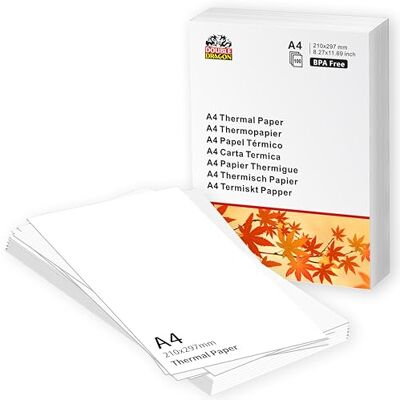 Dragon Papier Thermique A4 100 Feuilles 210x297mm (8.27" x 11.69") Compatible avec Phomemo M08F, M832, M834, Q302, Brother, Munbyn et autres imprimantes thermiques A4 (100 feuilles) - Publicité Dragon Papier Thermique A4 100 Feuilles 210x297mm (8.27" x 11.69") Compatible avec Phomemo M08F, M832, M834, Q302, Brother, Munbyn et autres imprimantes thermiques A4 (100 feuilles) - Publicité
