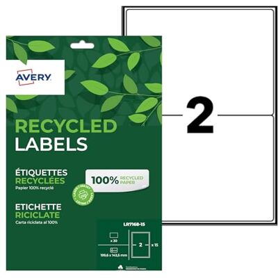 Avery Pochette de 30 Etiquettes recyclées blanches 199.6 x 143.5mm Laser, Jet d'encre (LR7168-15) - Publicité Avery Pochette de 30 Etiquettes recyclées blanches 199.6 x 143.5mm Laser, Jet d'encre (LR7168-15) - Publicité