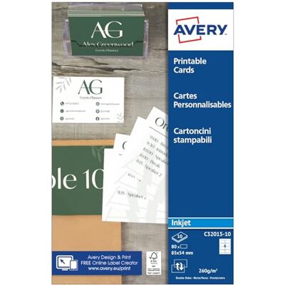 Avery Pochette de 80 cartes de visite à bords lisses imprimables recto/verso. En carte blanche mate 260g/m². Format 85 x 54 mm. Impression jet d'encre. (C32015-10) - Publicité Avery Pochette de 80 cartes de visite à bords lisses imprimables recto/verso. En carte blanche mate 260g/m². Format 85 x 54 mm. Impression jet d'encre. (C32015-10) - Publicité