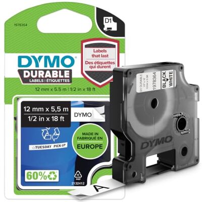 Dymo D1 Étiquettes résistantes 12mm x 5,5m impression en noir sur fond blanc autocollantes étiquettes authentiques pour étiqueteuses LabelManager - Publicité Dymo D1 Étiquettes résistantes 12mm x 5,5m impression en noir sur fond blanc autocollantes étiquettes authentiques pour étiqueteuses LabelManager - Publicité