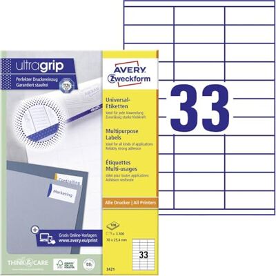 Avery 3300 Etiquettes Autocollantes Multi-usages (33 par Feuille) 70x25,4mm Impression Laser Jet d'Encre Blanc (3421) - Publicité Avery 3300 Etiquettes Autocollantes Multi-usages (33 par Feuille) 70x25,4mm Impression Laser Jet d'Encre Blanc (3421) - Publicité