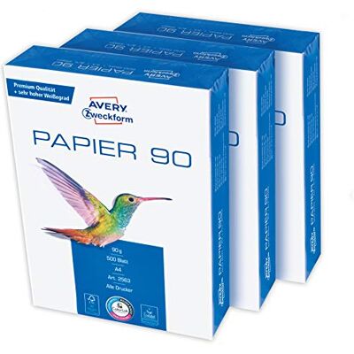 Avery 2563 Lot de 3 paquets de papier pour imprimante/photocopieuse (1500 feuilles, 90 g/m², papier A4, blanc brillant, pour toutes les imprimantes) - Publicité Avery 2563 Lot de 3 paquets de papier pour imprimante/photocopieuse (1500 feuilles, 90 g/m², papier A4, blanc brillant, pour toutes les imprimantes) - Publicité