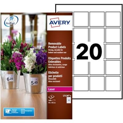 Avery 160 Étiquettes Ultra-Resistantes Amovibles Personnalisables Polyester Format 45 x 45 mm Impression Laser - Publicité Avery 160 Étiquettes Ultra-Resistantes Amovibles Personnalisables Polyester Format 45 x 45 mm Impression Laser - Publicité