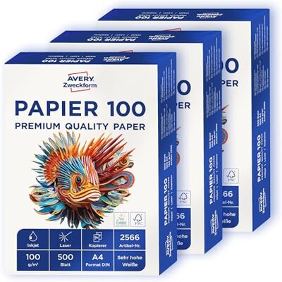 Avery 2566 Papier jet d'encre DIN A4 Papier 100 g/m² Unique 1.500 Blatt Blanc. Publicité Avery 2566 Papier jet d'encre DIN A4 Papier 100 g/m² Unique 1.500 Blatt Blanc. Publicité
